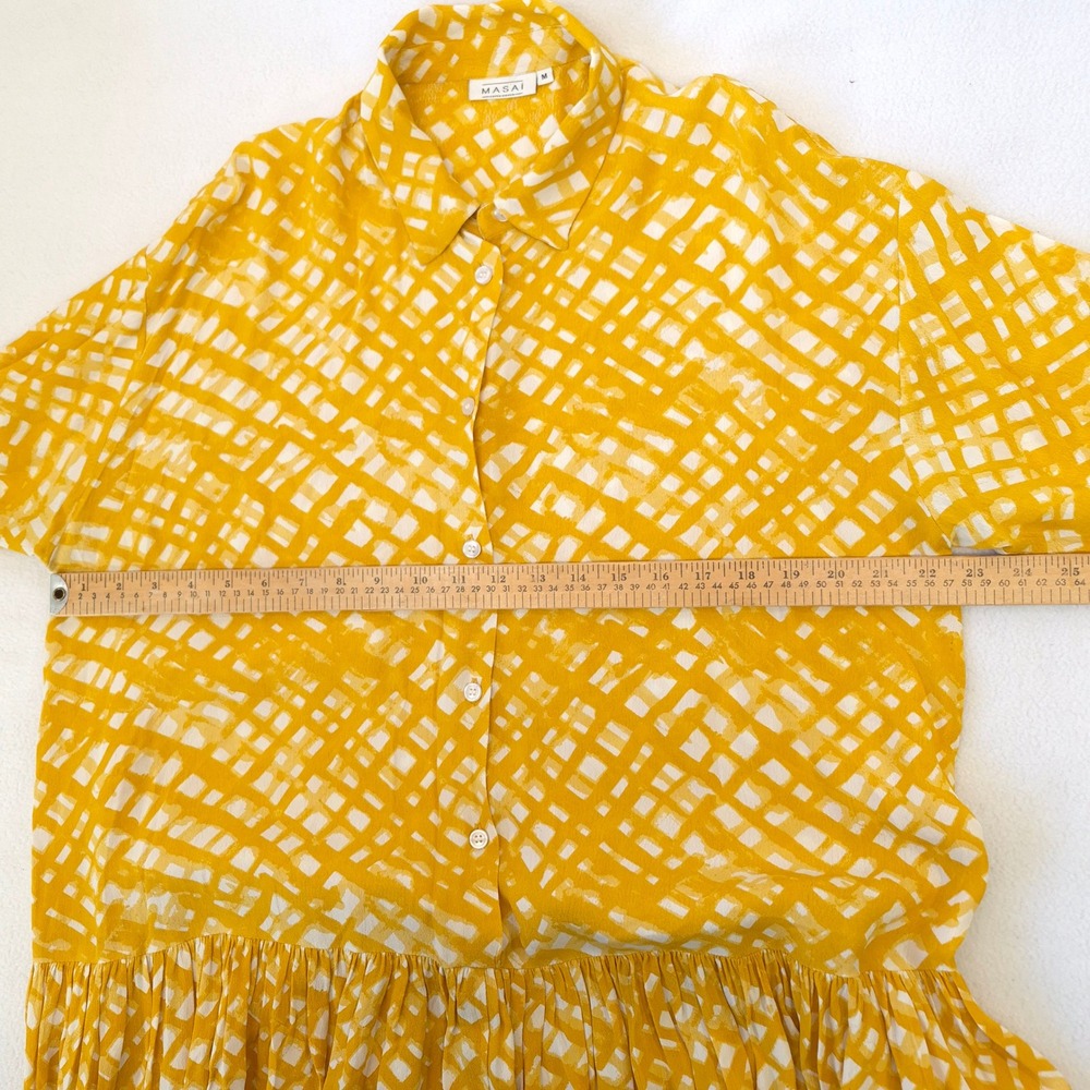 Masai Copenhagen Button Front Midi Dress Yellow Size M Abstract Grid Boho Scandi - Picture 4 of 12